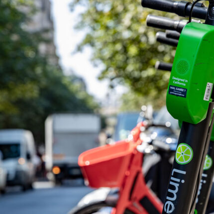 close up photo of several Lime scooters for rent Ridder Law Denver Colorado