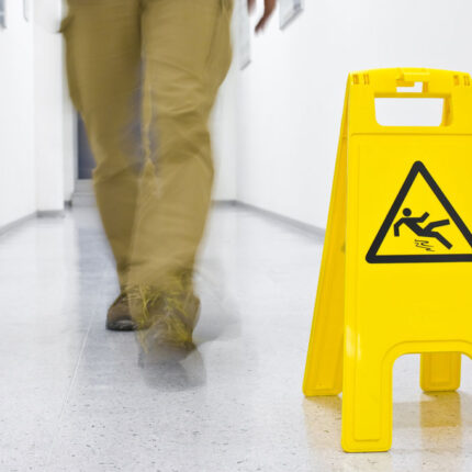 employee walks down hallway with yellow fall caution sign next to him Ridder Law Denver Colorado