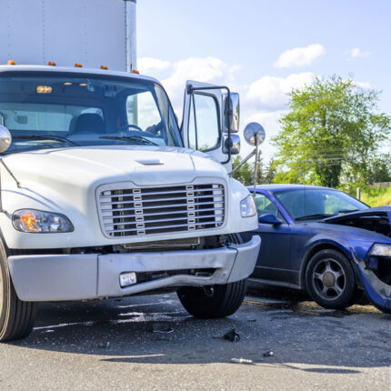 large truck and blue passenger vehicle after an accident on the road Ridder Law Denver Colorado