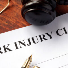 work injury claim paperwork with gavel, fountain pen, and mens glasses near paperwork Ridder Law Denver Colorado